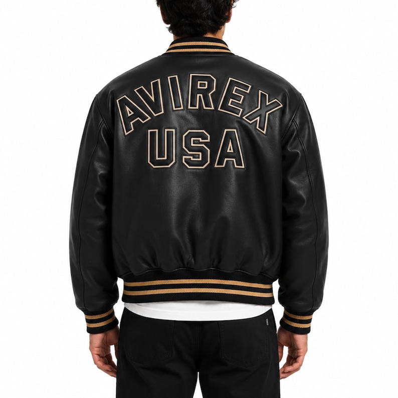 Mens Avirex Black Bomber Leather Jacket - Vintage American Moto Biker Jacket - Customized Gifts