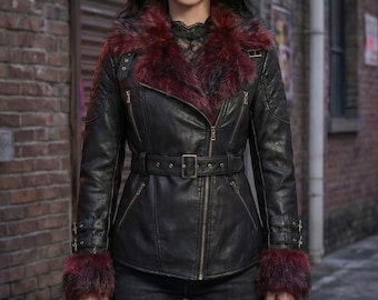 Handmade Womens Black Leather Jacket Fur Trim Collar | Sheepskin Biker Jacket | Cyberpunk   Vampire Goth Moto Coat - Gift for Her
