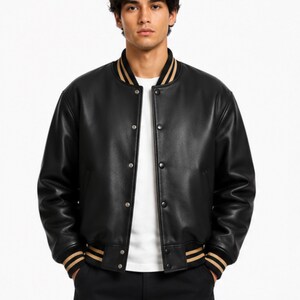 Mens Avirex Black Bomber Leather Jacket - Vintage American Moto Biker Jacket - Customized Gifts