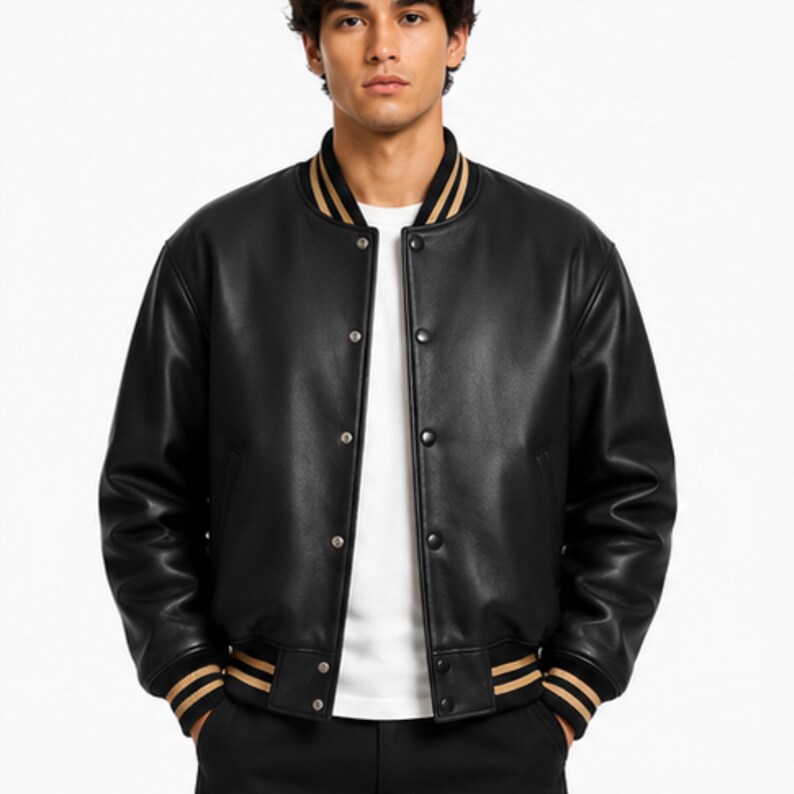 Mens Avirex Black Bomber Leather Jacket - Vintage American Moto Biker Jacket - Customized Gifts