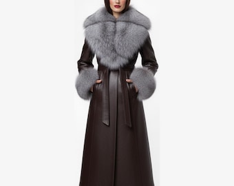 Abrigo de lujo de piel marrón con cuello y puños de piel / Gabardina larga para mujer / Chaqueta de invierno de piel auténtica hecha a mano / Regalo para ella