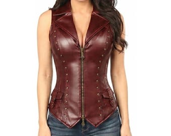 Custom Leather Corset Vest | Burgundy Sheepskin Steampunk Top | Biker Vest