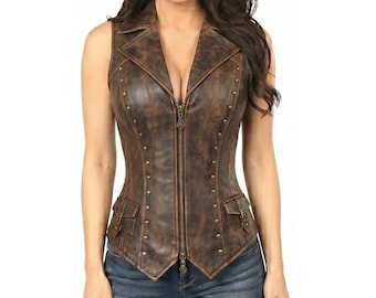 Distressed Brown Genuine Sheep Leather Corset Vest – Studded Moto Biker Style - Custom Fir Gift for Her