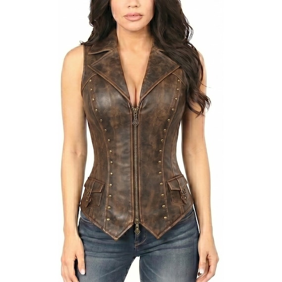 Distressed Brown Genuine Sheep Leather Corset Vest – Studded Moto Biker Style - Custom Fir Gift for Her