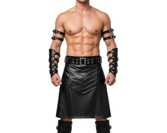 Black Leather Kilt for Men - Handmade Gladiator Warrior Skirt, Custom Fit Steampunk Cosplay Outfit, Mens Leather Skirt