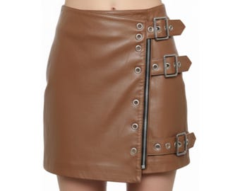 Minifalda de piel de cordero auténtica para mujer, falda corta ajustada de talle alto, piel auténtica ultrasuave, lujosa, hecha a mano, corte ajustado.