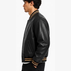 Mens Avirex Black Bomber Leather Jacket - Vintage American Moto Biker Jacket - Customized Gifts
