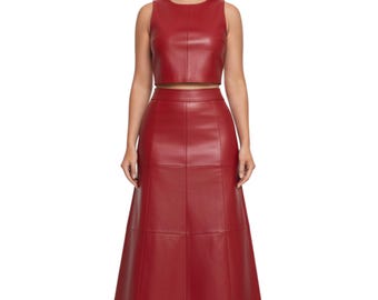 Women's Red Leather Midi Skirt Set - Handmade Two-Piece Outfit - Matching Sleeveless Top, Casual Wear