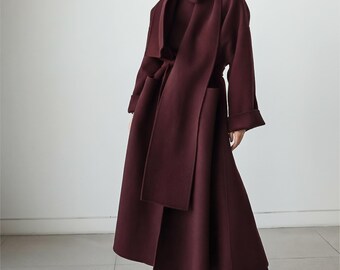 Oversized Maroon Wool Maxi Coat - Long Belted Winter Trench Overcoat for Women - Customized Gift for Her