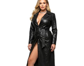 Handmade Women’s Black Leather Trench Coat – Long Genuine Leather Coat, Luxury Belted Overcoat, Elegant Winter Jacket, Gift for Her