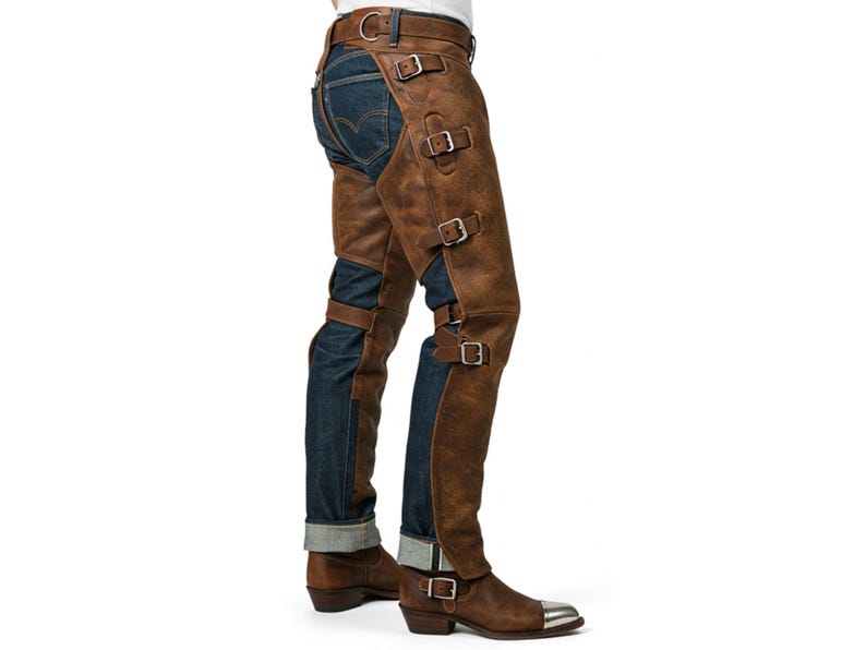 May include: Brown leather chaps with multiple silver buckles over blue denim jeans. The chaps extend from the waist to the ankles, covering the front and sides of the legs. The jeans are cuffed at the ankles, revealing brown leather boots.