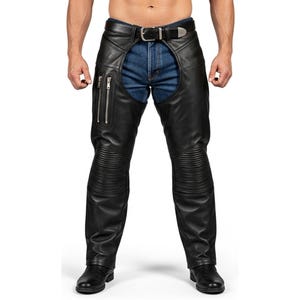 Men’s Premium Black Leather Chaps with Jeans Style Pockets | Best Gift for Him | Real Leather Biker Chaps | Perfect for Riding or Fashions
