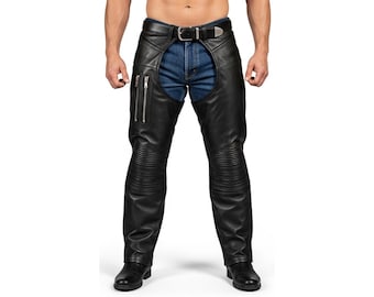 Handmade Black Leather Biker Chaps: Men's Motorcycle Riding Gear | Custom Fit Black Leather Chap for Men | Personalized Gift for Him