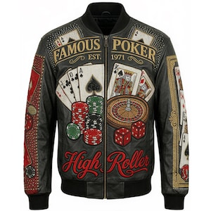 May include: A black bomber jacket featuring a vibrant poker-themed graphic print. The design includes playing cards, stacks of colorful poker chips, a roulette wheel, and red dice. The text reads FAMOUS POKER EST. 1971 and High Roller in red script.