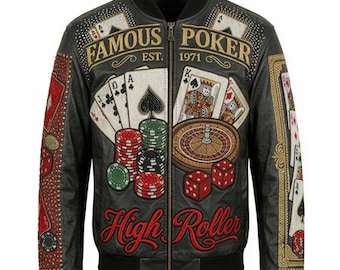Poker Bomber Leather Jacket | High Roller Poker Casino Player Statement Coat | Custom Embroidered Jacket | Personalized Gift for Him
