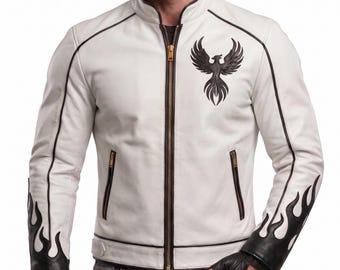Men's Phoenix White Sheep Leather Jacket | Premium Quality Genuine Biker Coat | Flame Print Motorcycle Outerwear | Handmade Gift