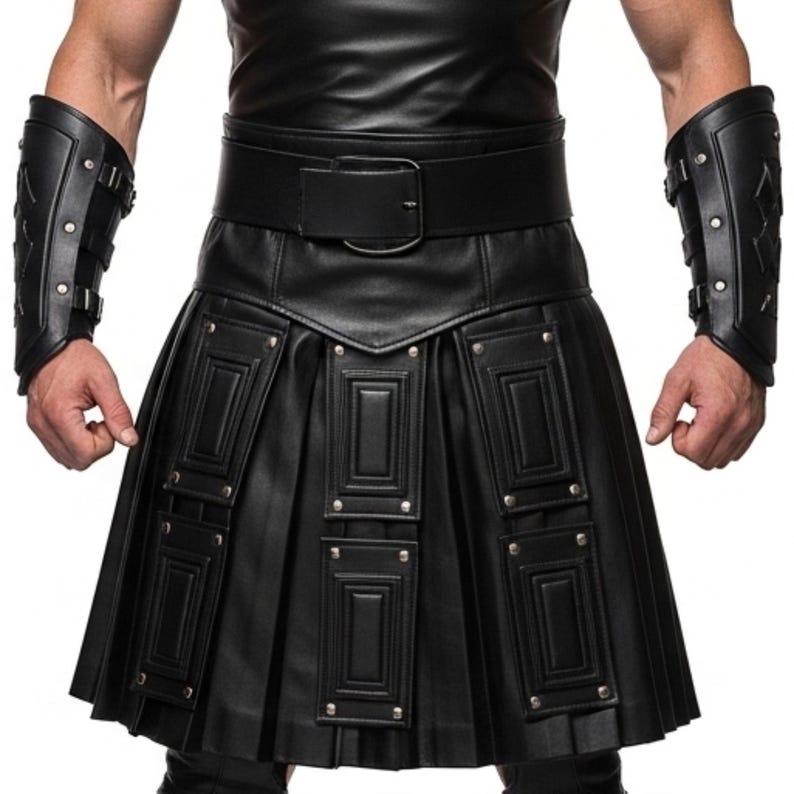May include: Black leather kilt with rectangular panels and silver rivets. The kilt has pleats and is paired with a wide belt and matching arm cuffs. The cuffs have buckle closures and silver rivets.
