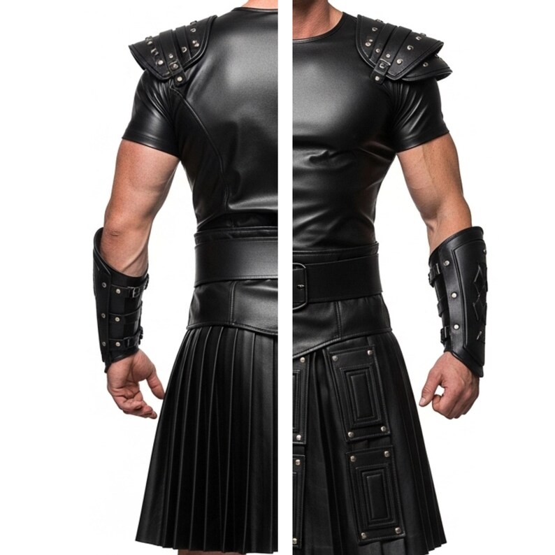 May include: Black leather costume featuring a short-sleeved top with studded shoulder pads, a pleated skirt, and matching arm cuffs. The outfit includes a wide belt and is designed for a bold, edgy look.