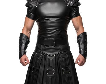 Handmade Black Leather Kilt Gladiator Armor Costume: Roman Warrior LARP Cosplay | Medieval Battle Outfit for Men | Personalized Gift