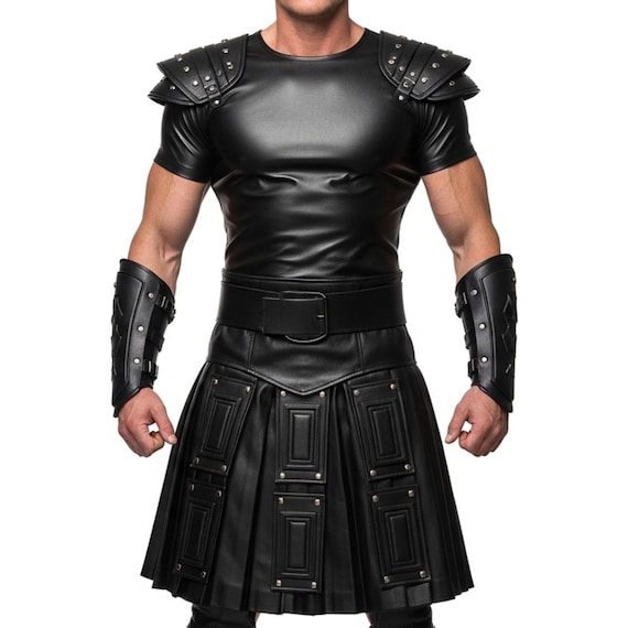 Handmade Black Leather Kilt Gladiator Armor Costume: Roman Warrior LARP Cosplay | Medieval Battle Outfit for Men | Personalized Gift