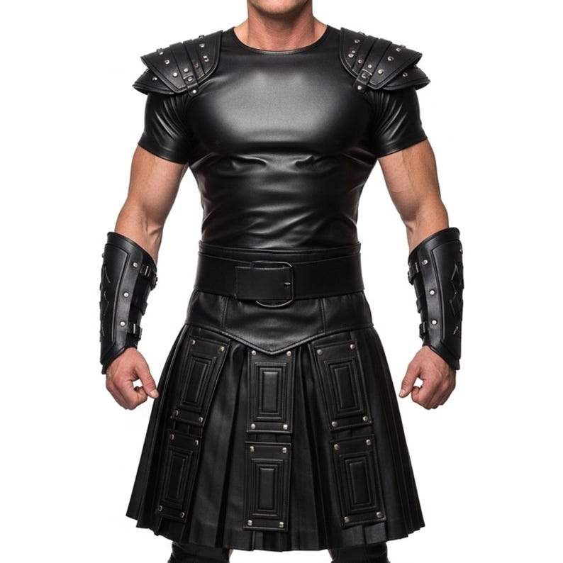 May include: Black leather costume featuring a short-sleeved top with studded shoulder pads, a wide belt, and a pleated skirt with rectangular accents. The costume includes matching arm cuffs. The outfit is designed for a theatrical or cosplay look.