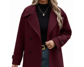 Elegante chaqueta de invierno cruzada de mezcla de lana para mujer – Abrigo clásico burdeos con solapas / Abrigo cálido y elegante – Regalo personalizado para ella