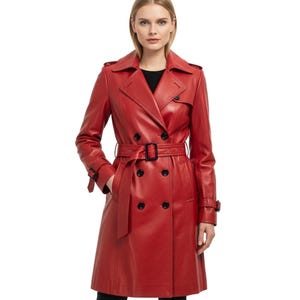 Damen Roter Leder Trenchcoat – Elegante lange Lederjacke – Stilvoller Trenchcoat für Frauen – Modische Oberbekleidung – Geschenk für Sie