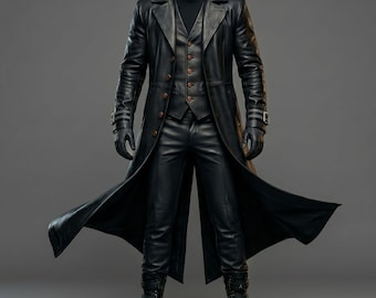 Handmade Genuine Sheep Leather Trench Coat - Long Black Gothic Cyberpunk Steampunk Duster - Gift for Him