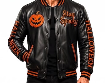 Halloween Leather Jacket Men Pumpkin Varsity Black Orange Costume Letterman Coat Spooky Bomber Coat