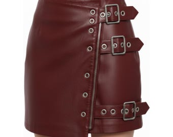 Minifalda de corte A de piel de cordero auténtica para mujer, falda corta de talle alto, corte ajustado, color granate.
