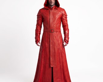 Red Sheep Leather Hooded Trench Coat Men Halloween Fantasy Cosplay Costume Long Cloak Armor