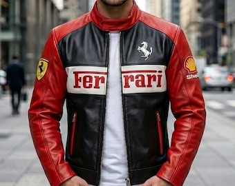 Handmade Ferrari F1 Racing Leather Jacket – Red Motorsport Biker Jacket - Genuine Cowhide Customized Item Gifts