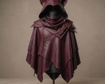 Leather Hooded Poncho Cape, Vampire Elf Fantasy Medieval LARP Gothic Renaissance Halloween Cosplay Costume
