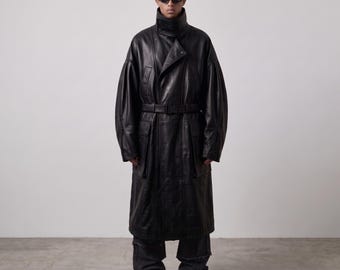 Mens Luxury Sheep Leather Trench Coat Black Oversized Longline Belted Avant Garde Designer Outerwear