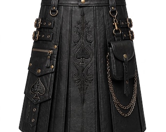 Men's Black Genuine Cow Leather Kilt, Handmade Gothic Cosplay Utility Kilt, Custom Fit Steampunk