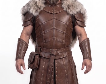 Viking Leather Armor Men, Fur-Trimmed Warrior Costume, Medieval Raider Outfit, LARP Cosplay Halloween