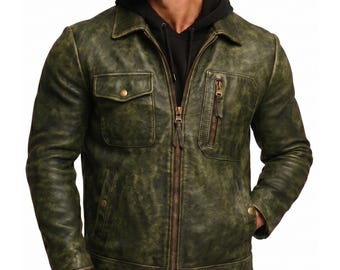 Handmade Men's Distressed Leather Jacket, Vintage Biker Coat, Gift for Him Green Jacket