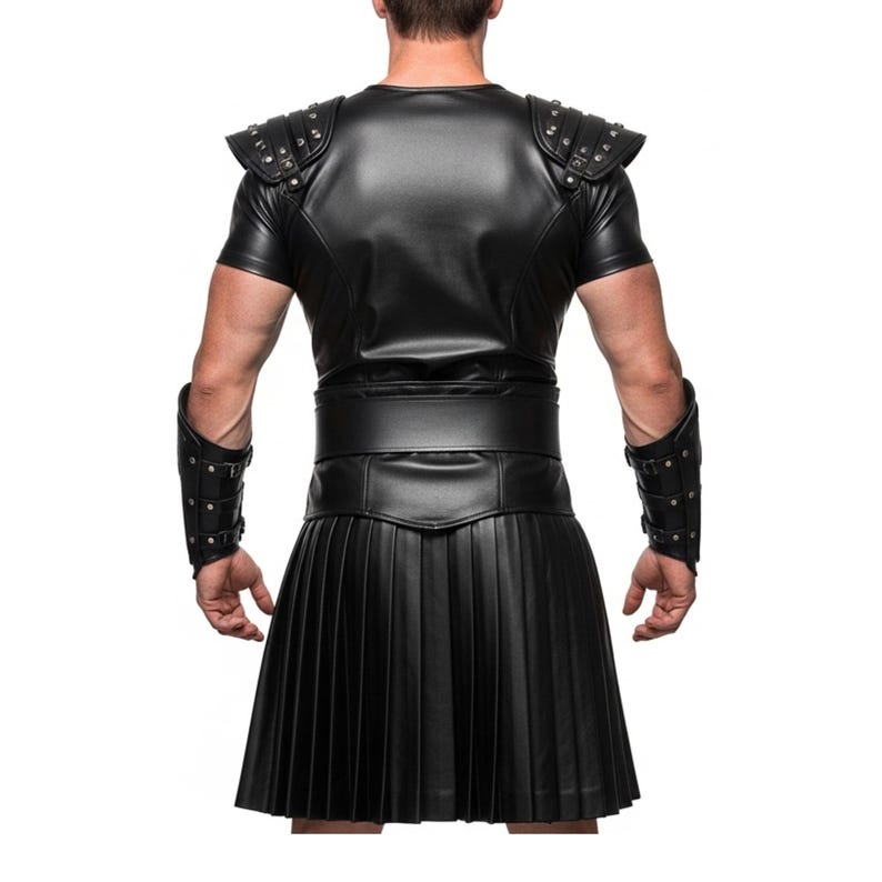 May include: Black leather costume featuring a short-sleeved top with studded shoulder pads, a pleated skirt, and matching wrist cuffs. The outfit includes a wide belt. The back view shows the details of the design.