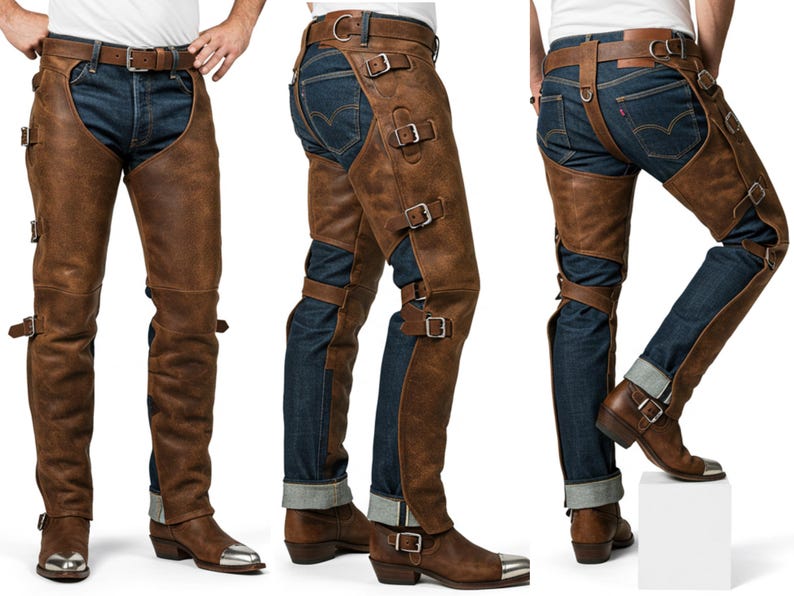leather chaps men, genuine leather biker chaps, brown leather chaps, custom leather motorcycle gear, real leather chaps for men, handmade leather chaps, men’s leather riding gear, cowboy chaps for men, vintage leather chaps, motorcycle accessories men, best dad gift, best gifts for her, leather gifts