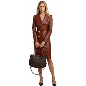 Handmade Leather Coat for Women | Elegant Double Breasted Brown Leather Coat | Long Genuine Leather Lapel Trench |  Vintage Style Overcoat