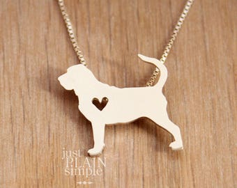 Tiny Bloodhound necklace,  sterling silver hand cut pendant and heart, dog breed jewelry