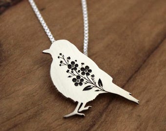 Blue Bird necklace: Sterling silver Forget-me-not Bird pendant