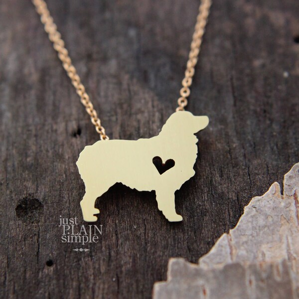 Tiny Australian Shepherd necklace. BRASS necklace, with 14K gold filled chain, hand cut pendant and heart