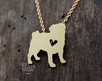Tiny Pug necklace, BRASS hand cut pendant and heart, with 14K gold filled chian