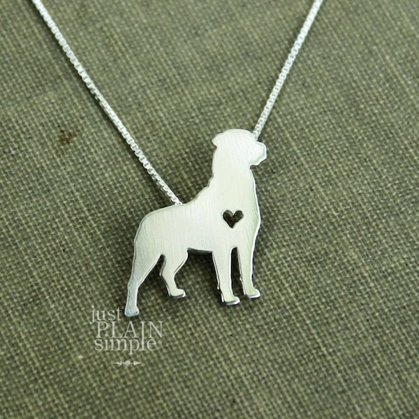 Tiny Rottweiler necklace, sterling silver hand cut pendant and heart, dog breed jewelry