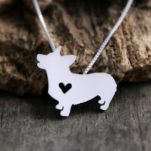 Tiny Pembroke corgi necklace, sterling silver hand cut pendant and heart, dog breed jewelry