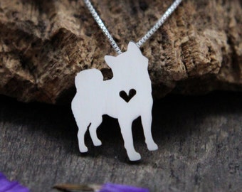 Tiny Shiba Inu necklace, sterling silver hand cut pendant and heart, dog breed jewelry