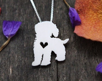 Tiny Cockapoo necklace, sterling silver hand cut pendant and heart, tiny dog breed jewelry