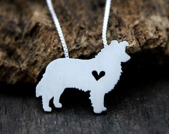 Tiny Border Collie necklace, sterling silver hand cut pendant and heart, dog breed jewelry