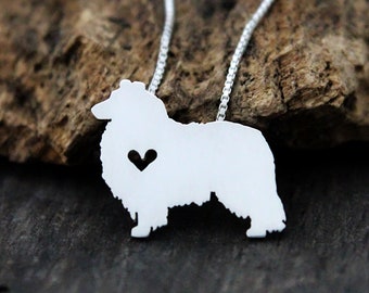 Tiny Collie dog necklace sterling silver, hand cut dog pendant and heart